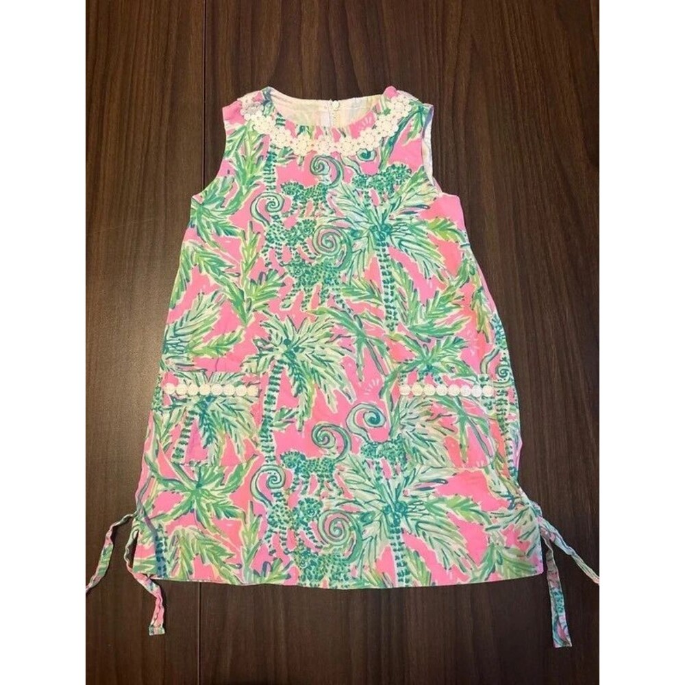 Lilly Pulitzer Girls Pink/Green Monkey Palm Tree Shift Dress Sz 4